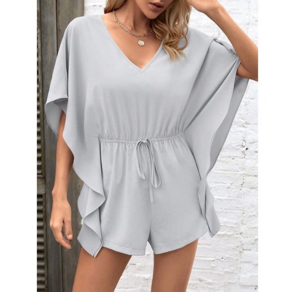 Batwing Sleeve Drawstring Waist Ruffle Trim Romper grey - Picture 3 of 6